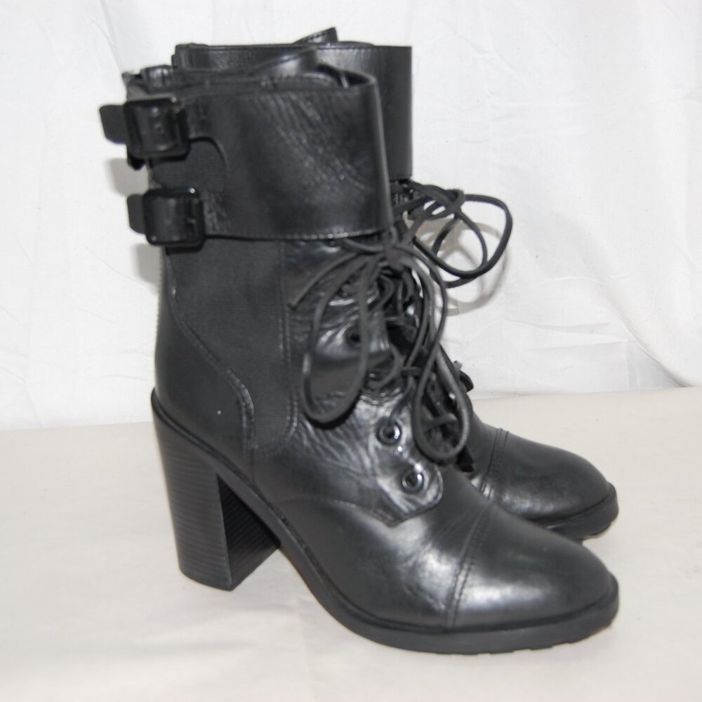 US 9.5❤️Tory Burch Black Real Leather Platform Heels Ankle Combat Boots Bootie